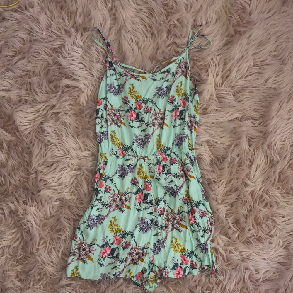 teal flowered romper